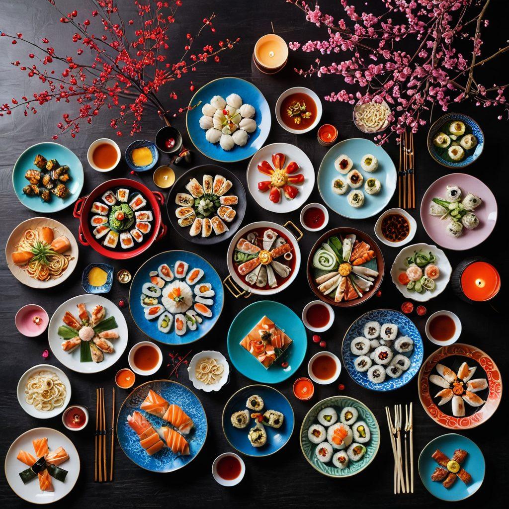 A vibrant feast spread featuring an array of traditional Asian dishes like sushi, dumplings, and noodles, surrounded by decorative festival elements like lanterns and cherry blossoms. Include a warm, inviting table setting with chopsticks and colorful tableware to enhance the cultural experience. Capture the essence of a festival atmosphere with soft glowing lights in the background. super-realistic. vibrant colors.
