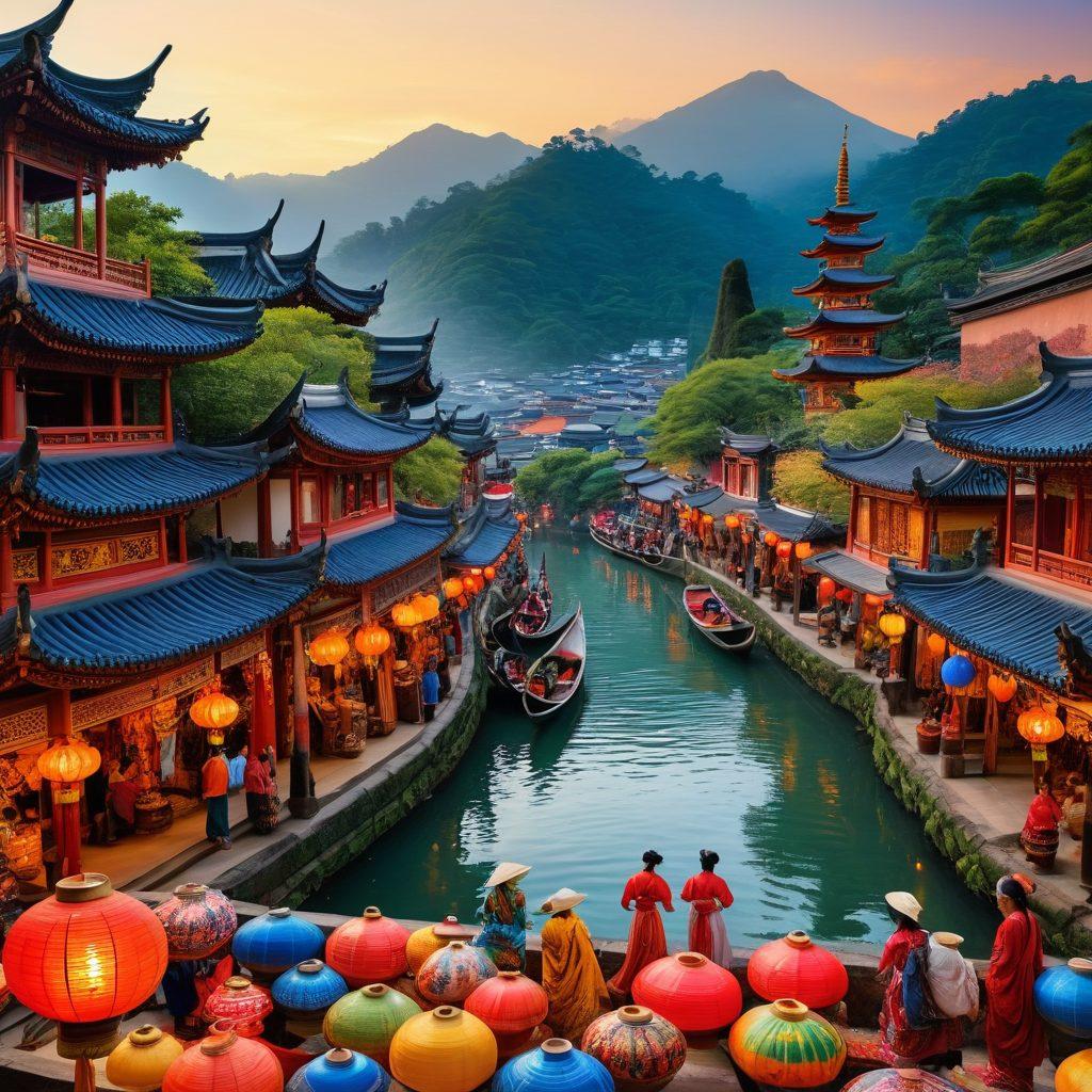 A vibrant collage showcasing traditional Asian artifacts, including intricate textiles, colorful lanterns, and adorned pottery. In the background, iconic landmarks like pagodas and rice terraces merge with bustling markets filled with diverse street foods and cultural dancers. The scene should evoke a sense of adventure and appreciation for diversity, enticing travel bloggers. super-realistic. vibrant colors. dynamic composition.