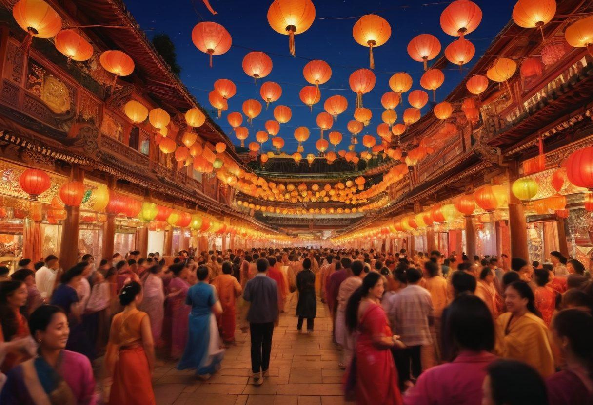 A vibrant collage of traditional Asian art styles blended with festival scenes featuring colorful lanterns, dancers in ornate costumes, and intricate patterns. Include iconic landmarks like temples and bustling street markets, all radiating a sense of cultural celebration. The foreground should display a blogger capturing the essence with a camera. super-realistic. vibrant colors. 3D.